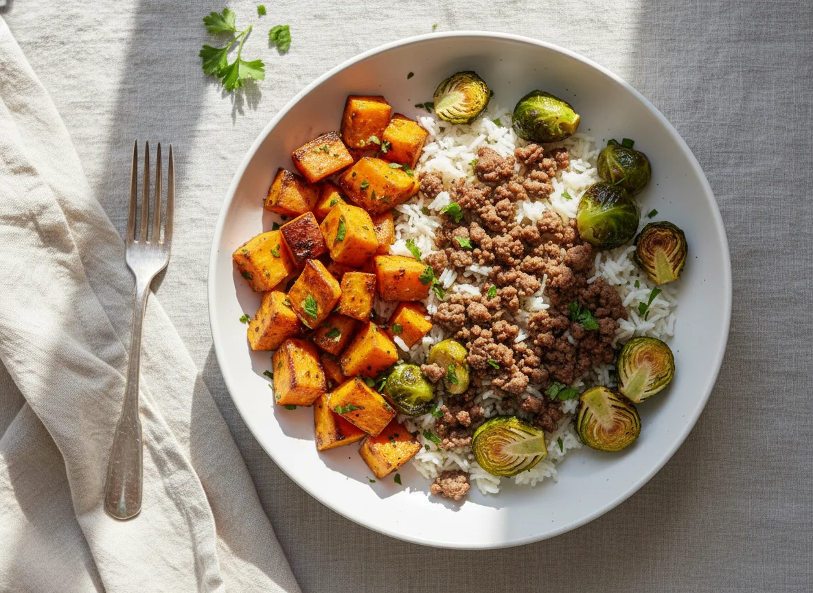 Sweet Potato, Rice and Ground Meat with Brussels Sprouts photo
