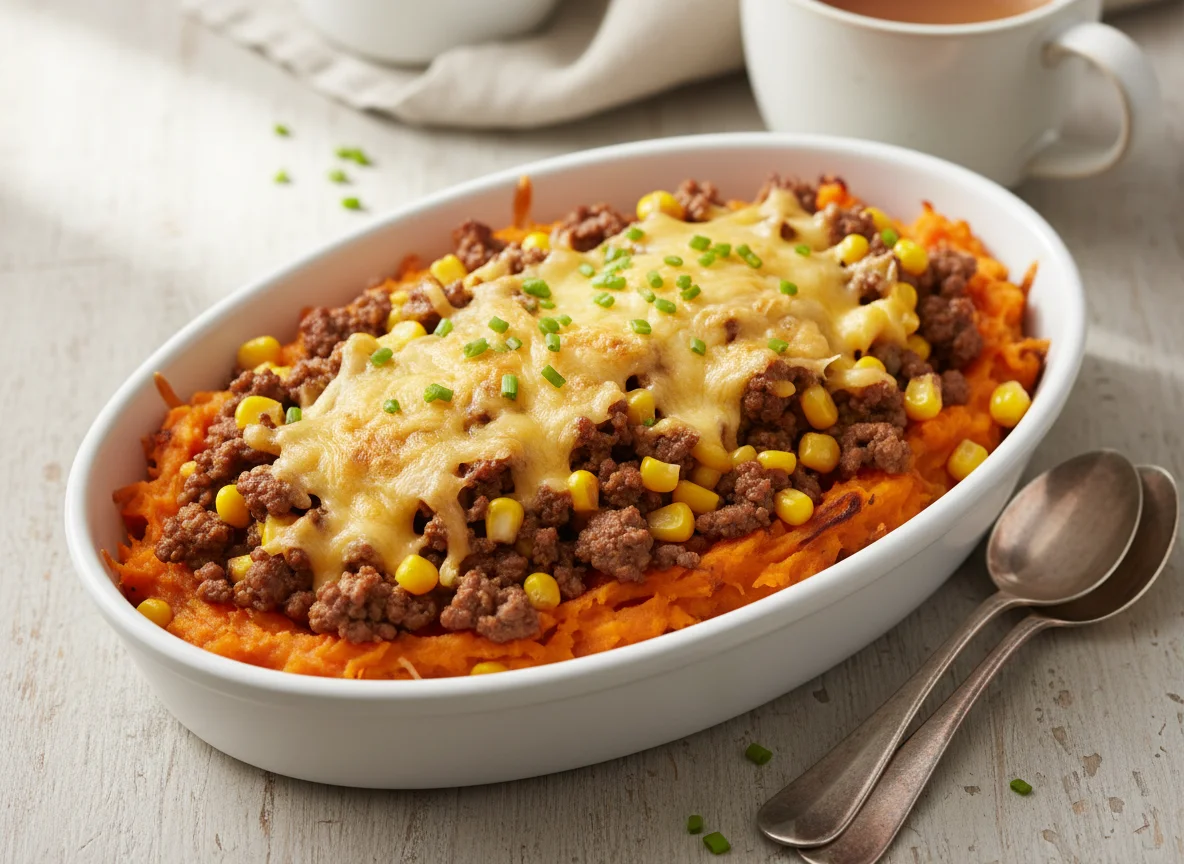 Sweet Potato with Minced Beef, Corn, and Cheese photo