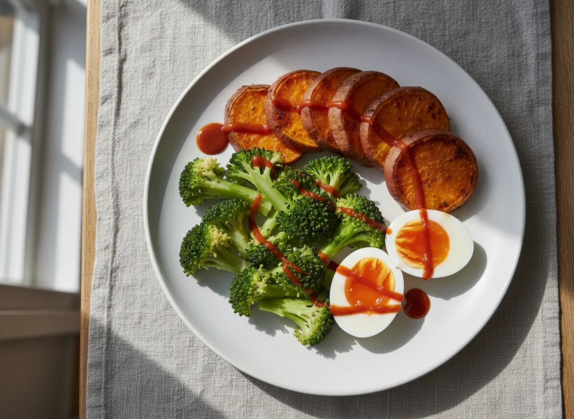 Sweet Potatoes, Broccoli, and Boiled Eggs photo