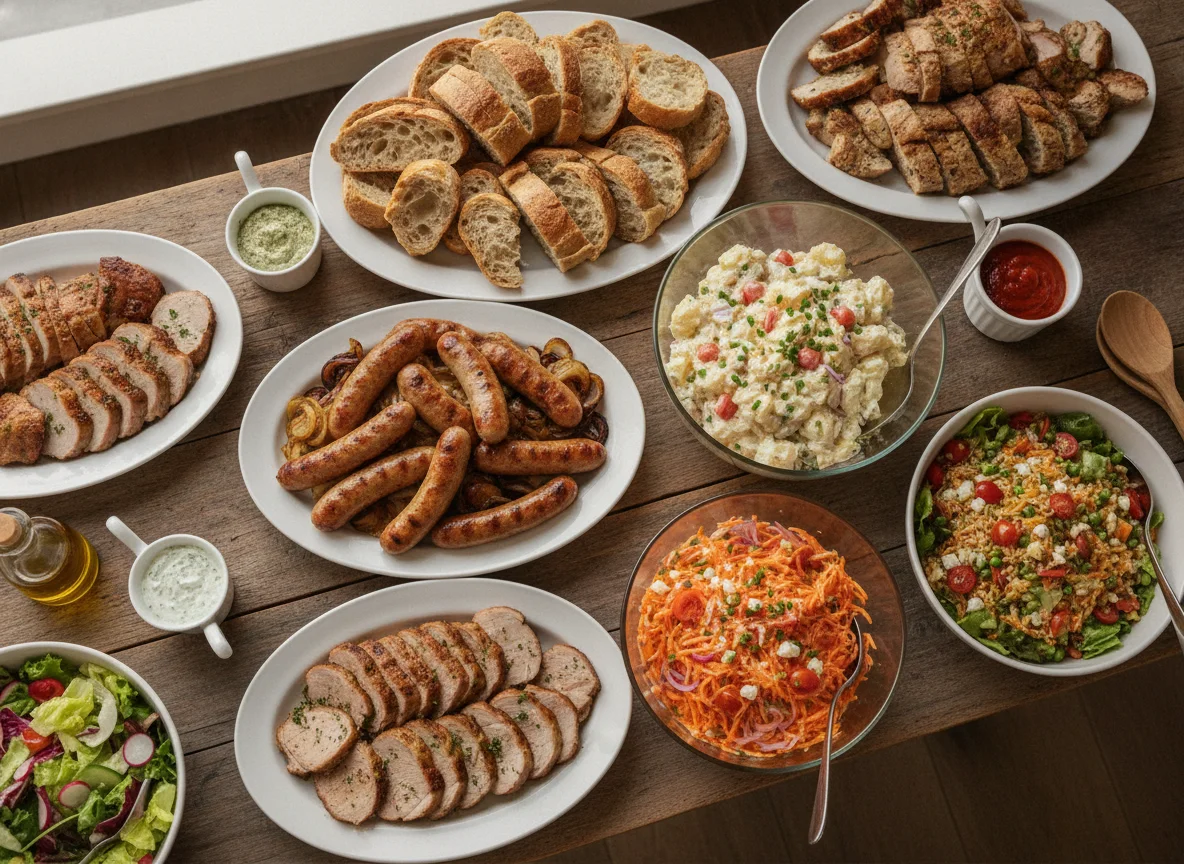 Swiss BBQ style buffet with various salads and grilled meats photo