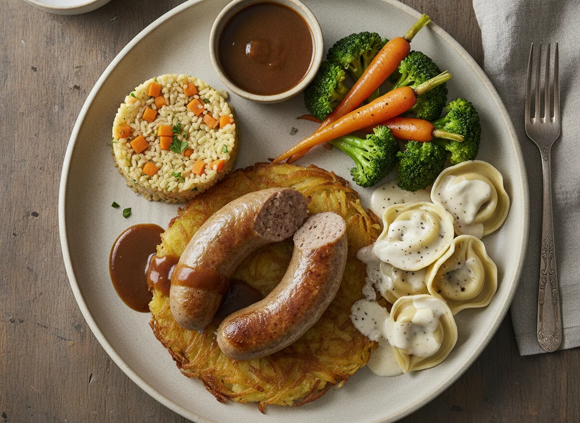 Swiss Bratwurst with Bulgur, Rösti, and Mixed Vegetables photo