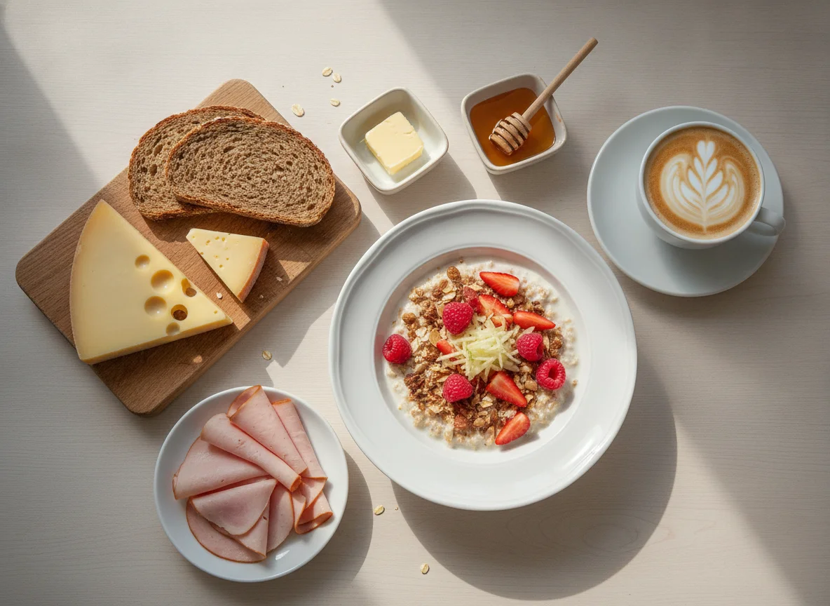 Swiss Breakfast with Birchermüesli, Bread, Cheese, and Cold Cuts photo