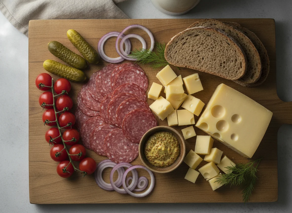 Swiss cold plate with bread and sausage photo