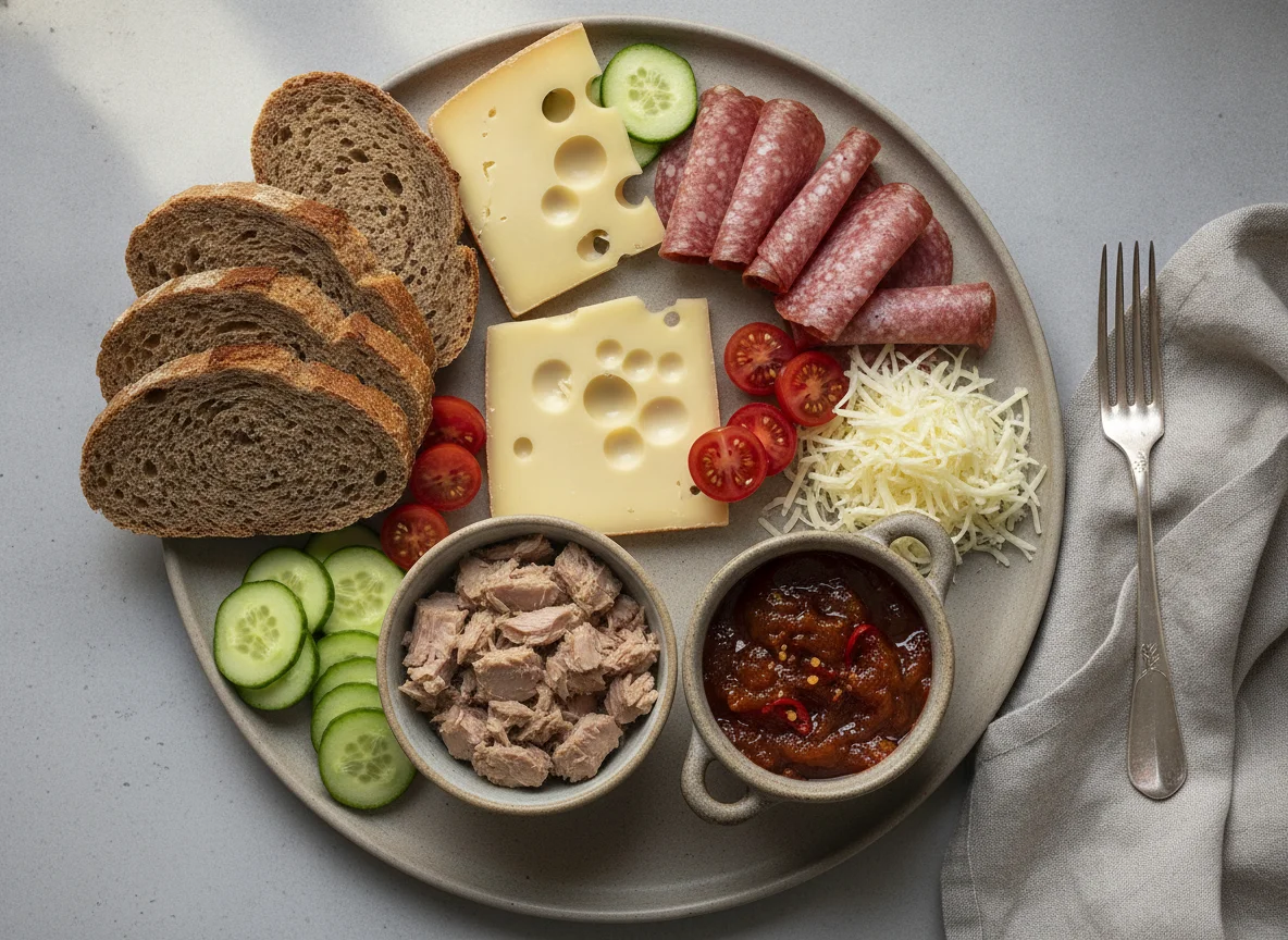 Swiss cold plate with bread, cheese, and vegetables photo