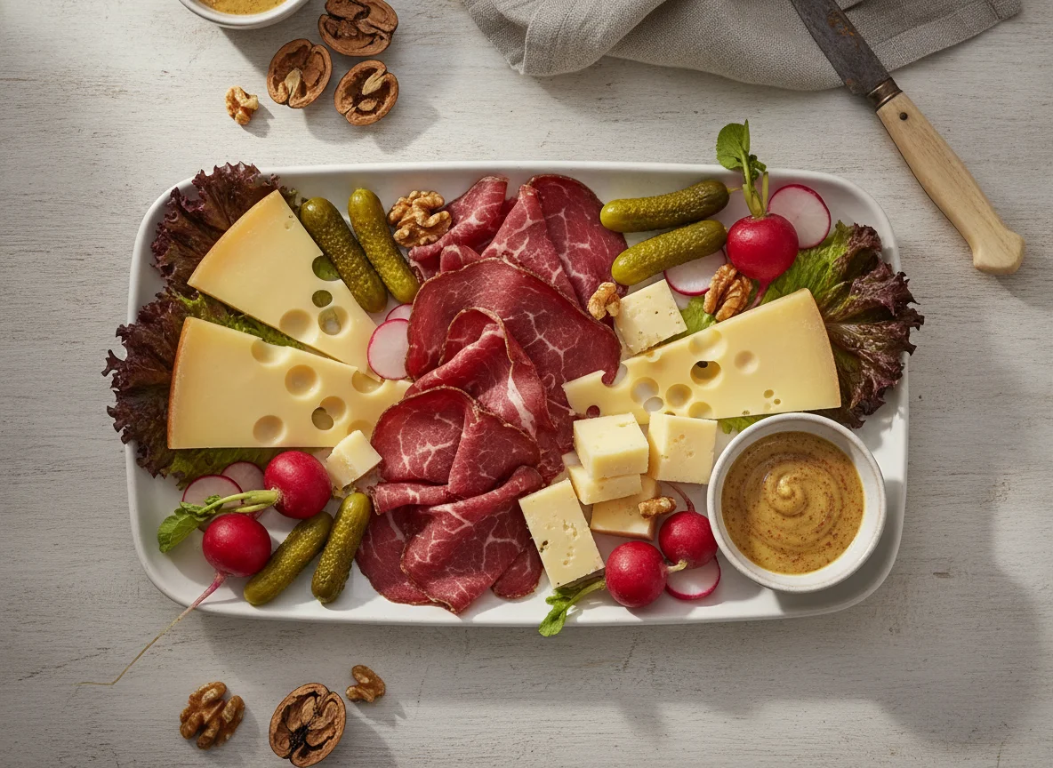 Swiss Cold Platter with Dried Meat and Cheese photo