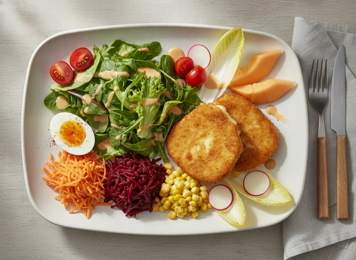 Swiss Fitness Plate with Fried Cheese and Salad photo