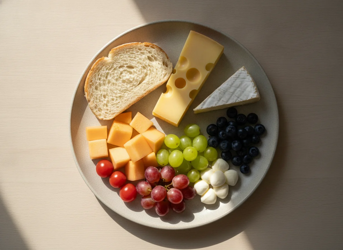 Swiss snack plate with bread, cheese, and fruit photo