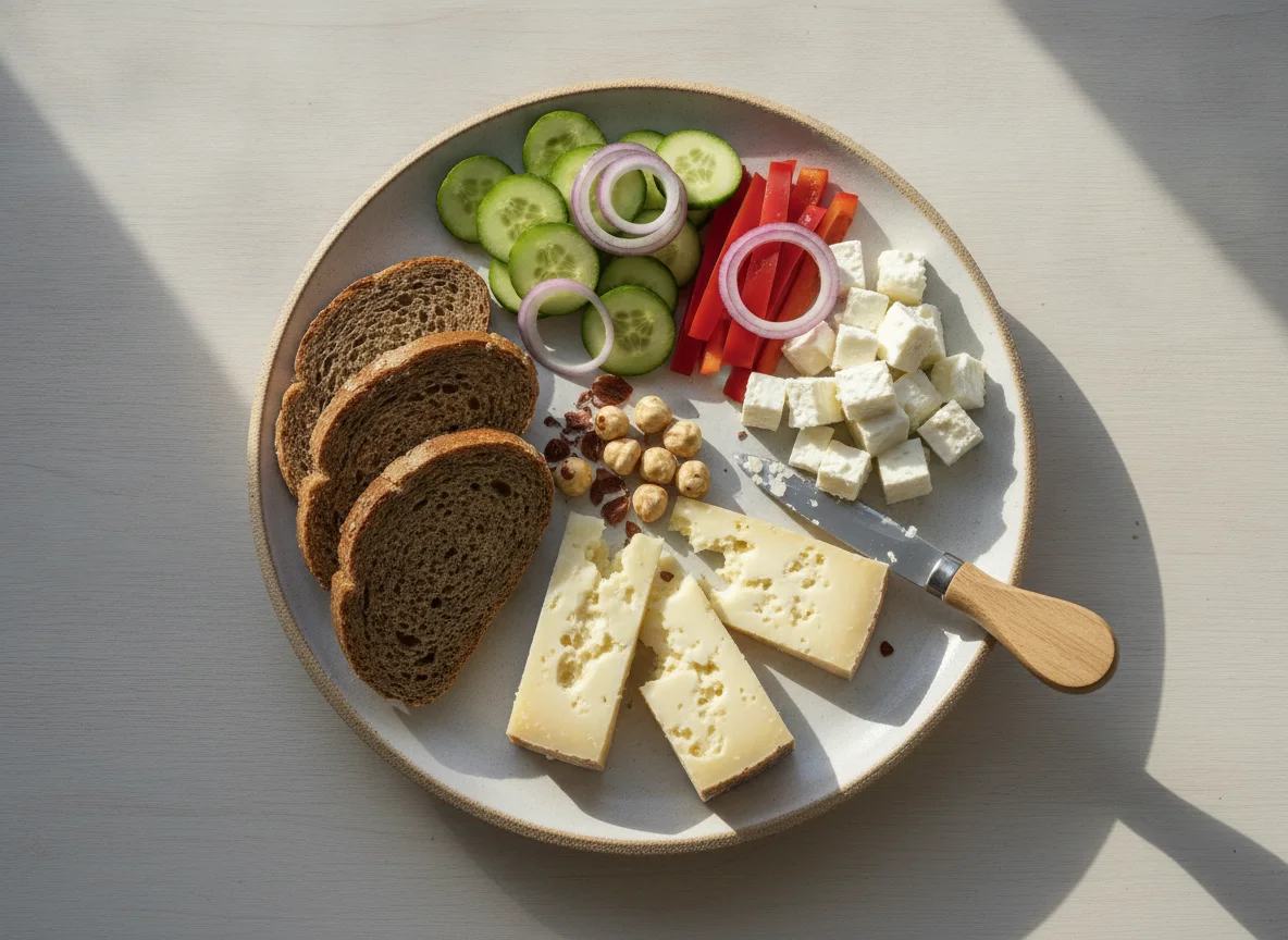 Swiss snack platter with cheese, nuts, and vegetables photo