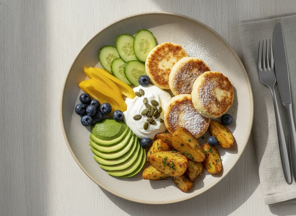 Syrniki breakfast with vegetables and fruit photo