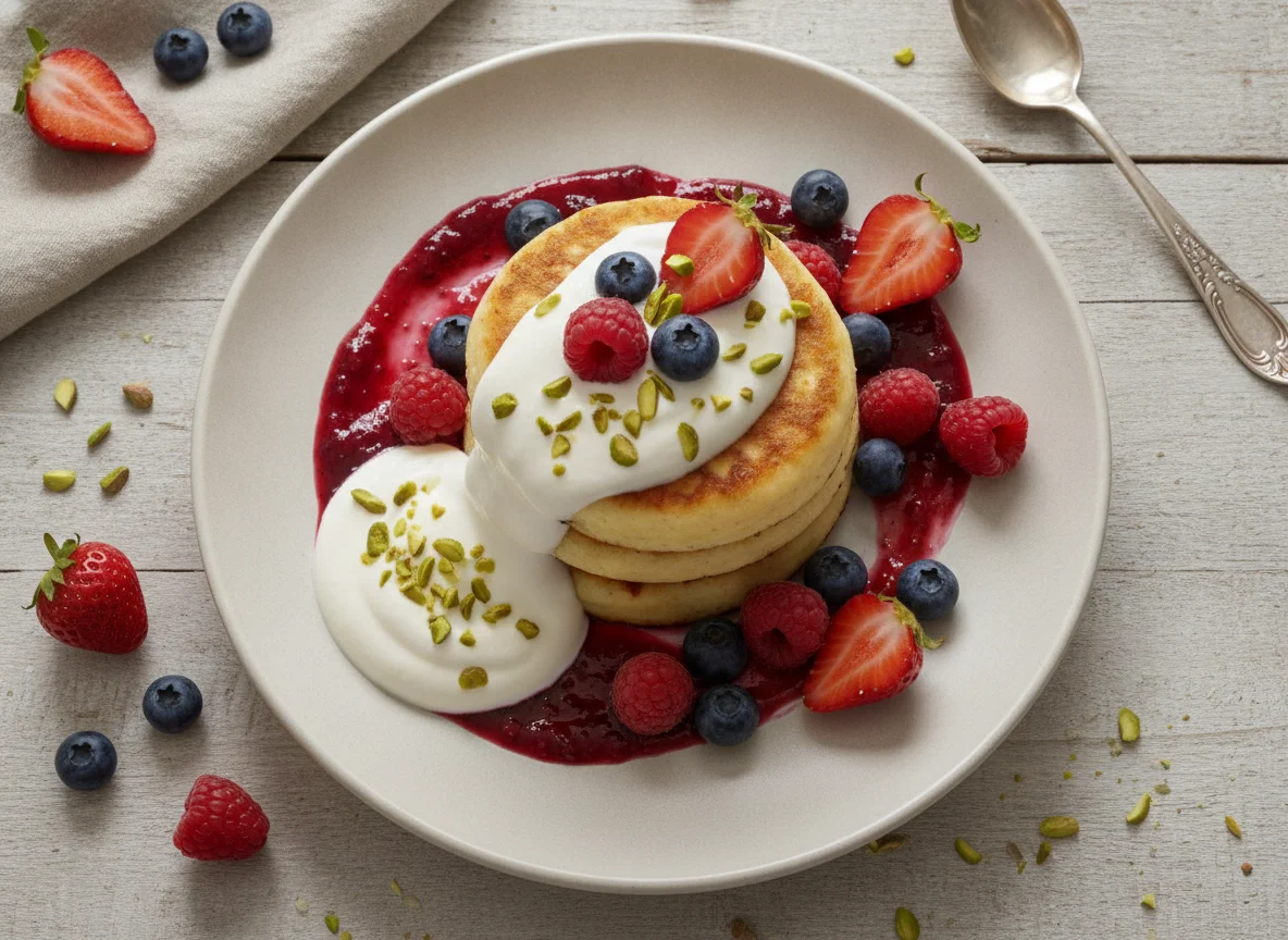 Syrniki with Berries and Sour Cream photo