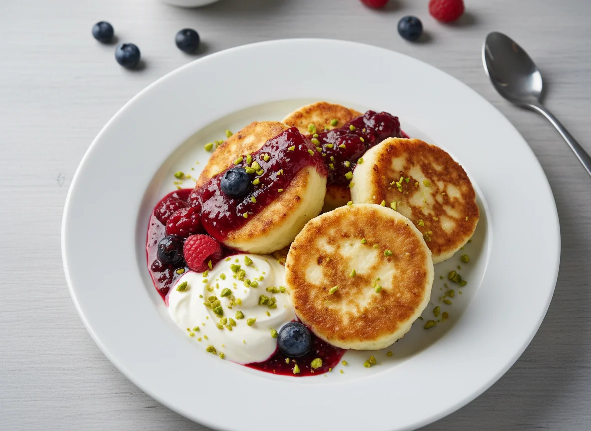 Syrniki with berry sauce and sour cream photo