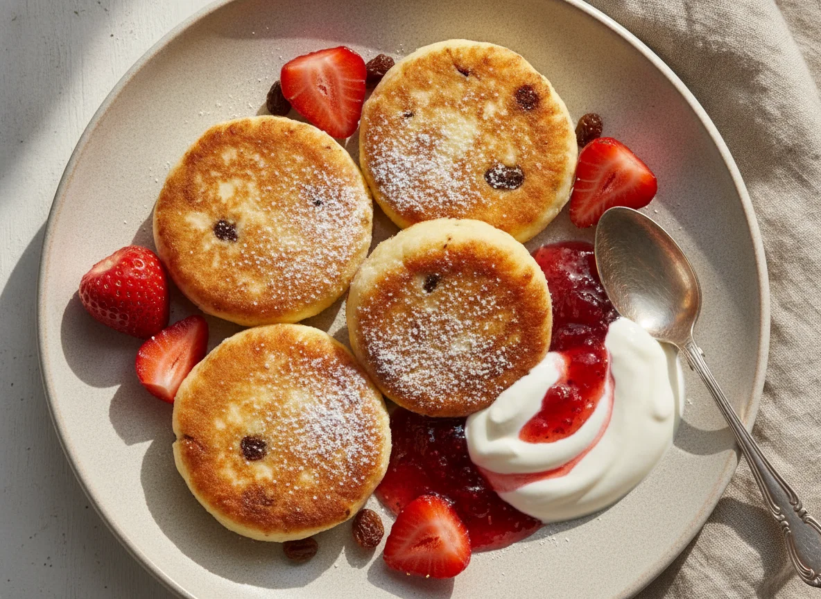 Syrniki with strawberries and jam photo