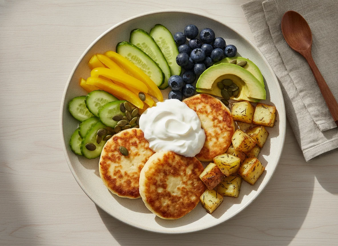 Syrniki with vegetables and fruit photo