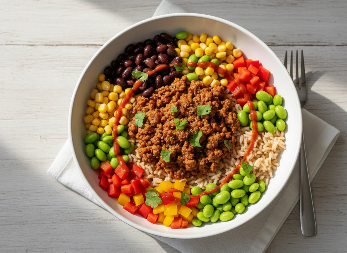Taco Protein Bowl with Minced Meat, Rice and Vegetables photo
