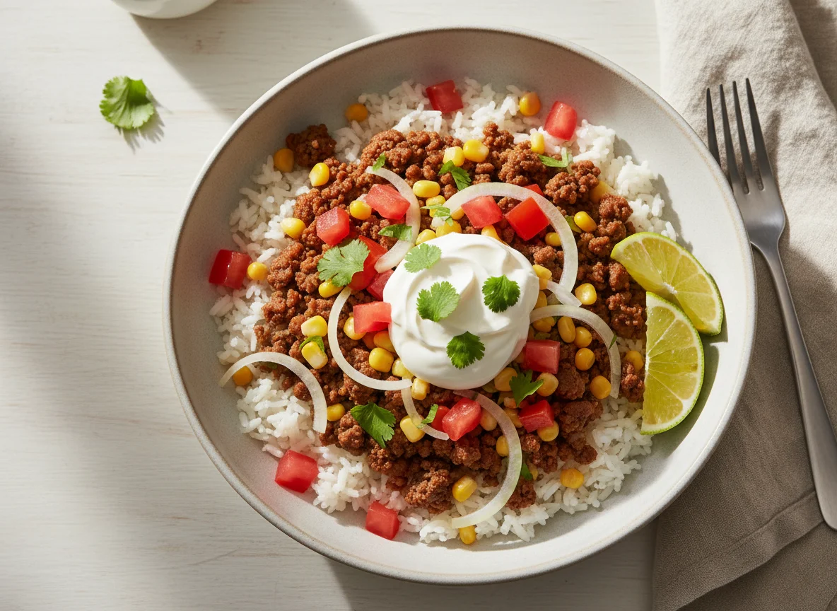 Taco Rice Bowl with Tomatoes and Sour Cream photo