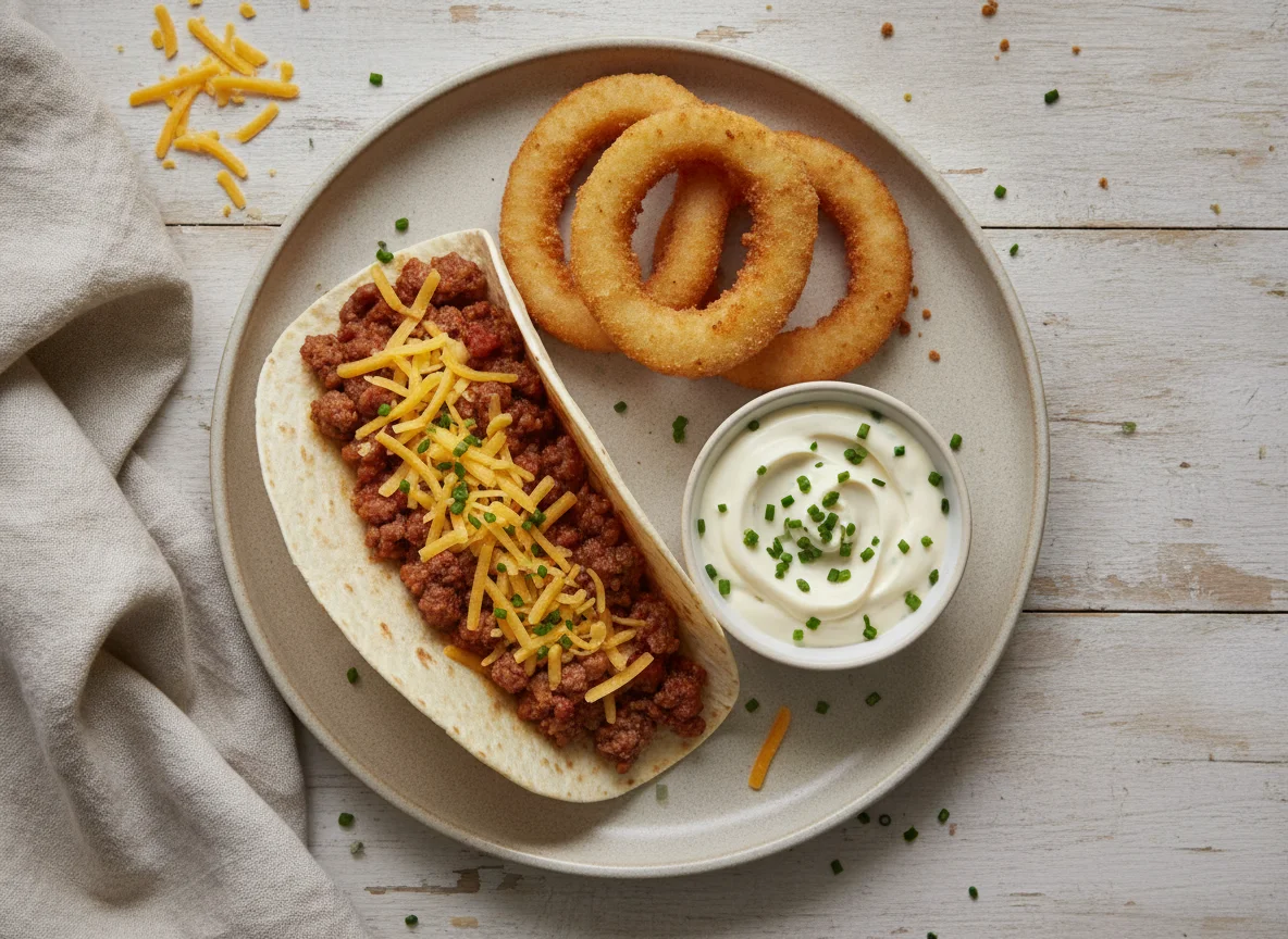 Taco with onion rings and dip photo