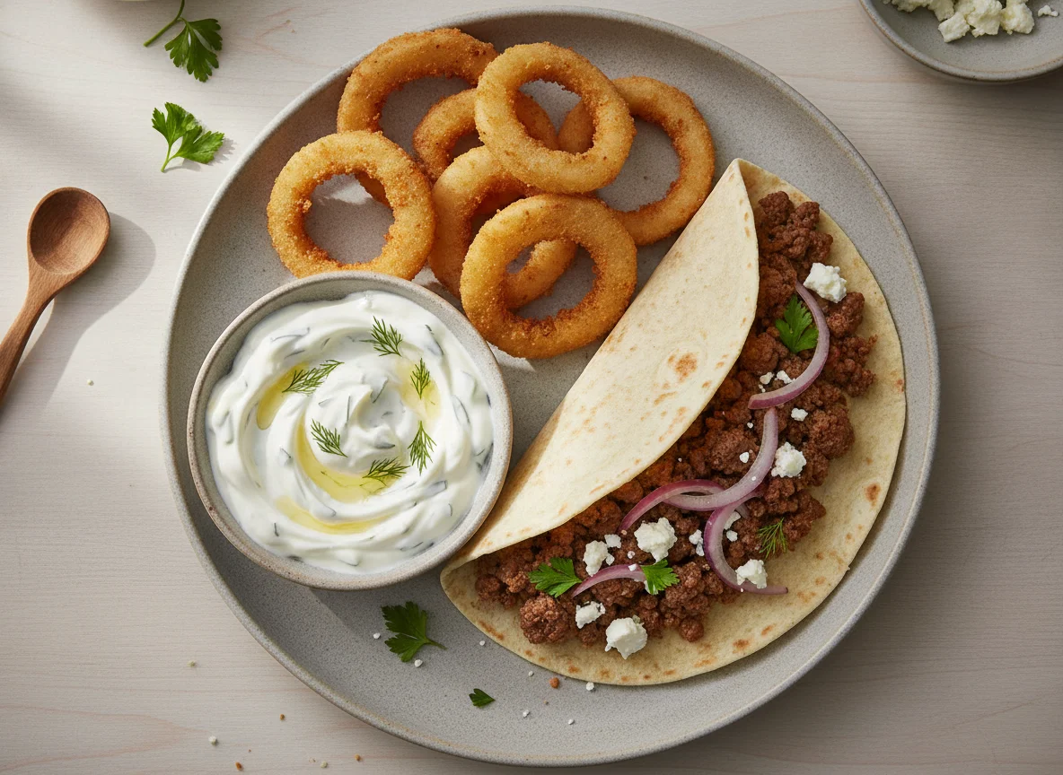 Taco with onion rings and tzatziki photo