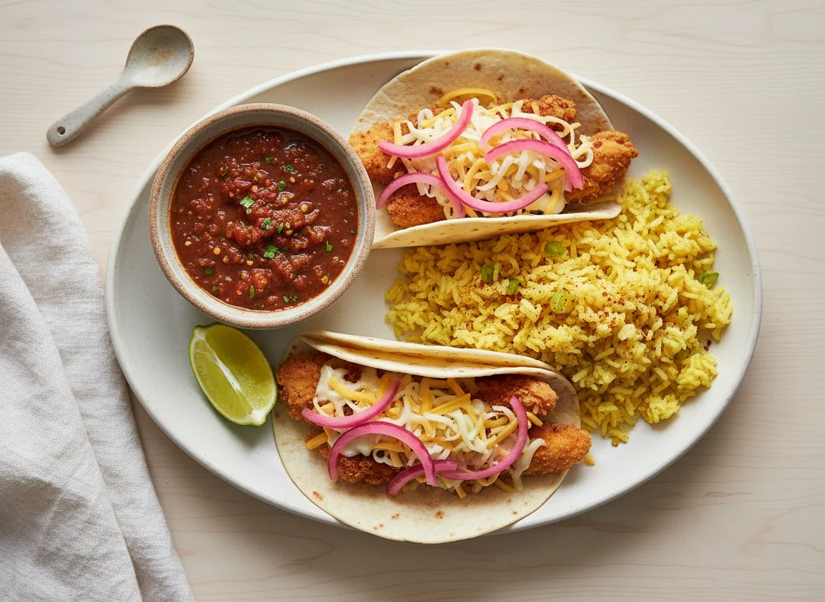 Tacos with Yellow Rice and Salsa photo
