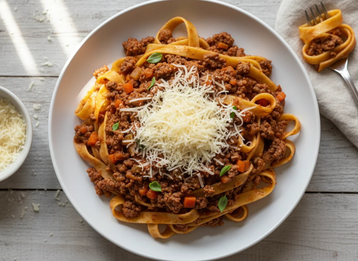 Tagliatelle Bolognese with Parmesan photo