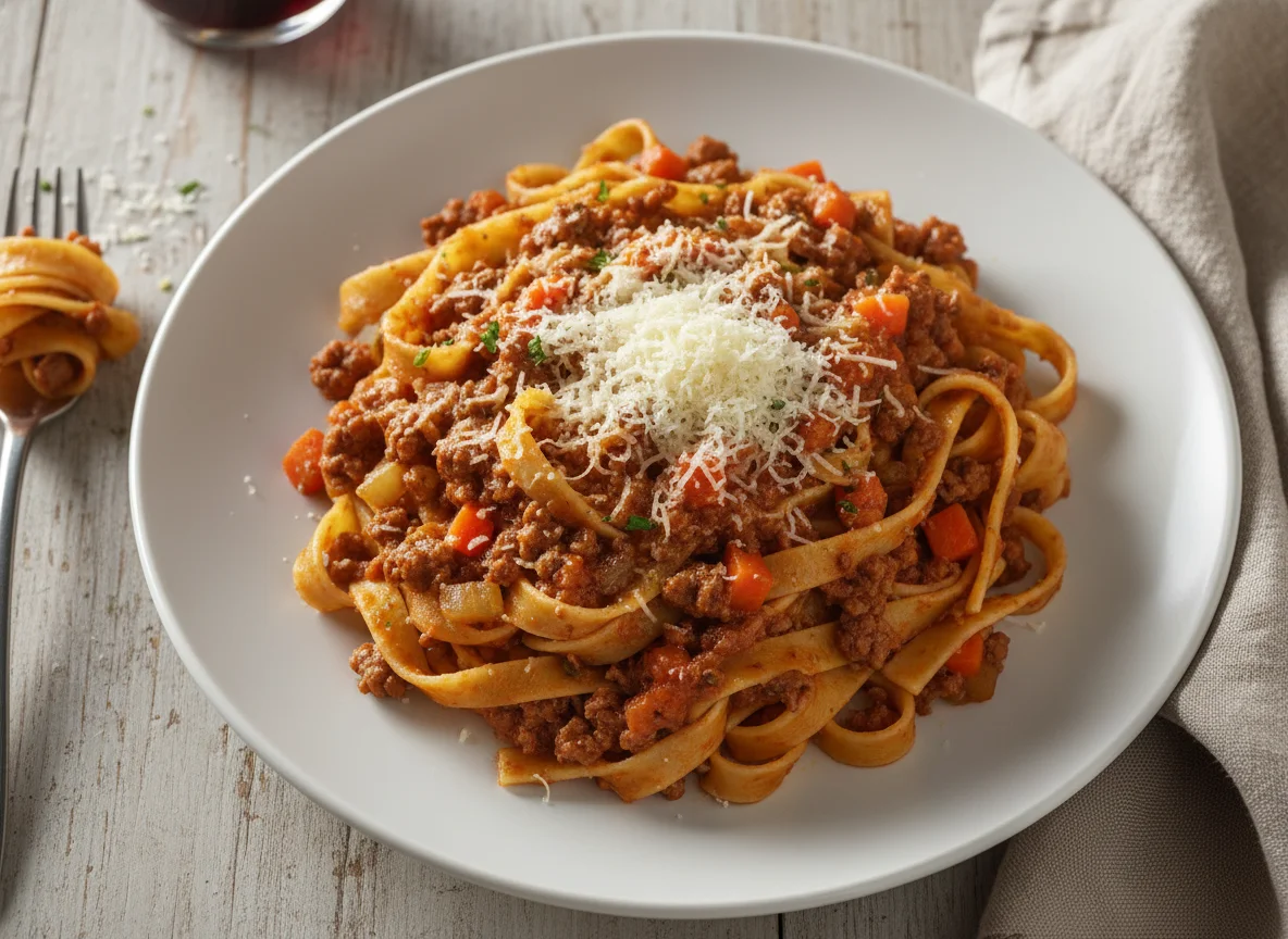 Tagliatelle with Bolognese Sauce and Parmesan photo