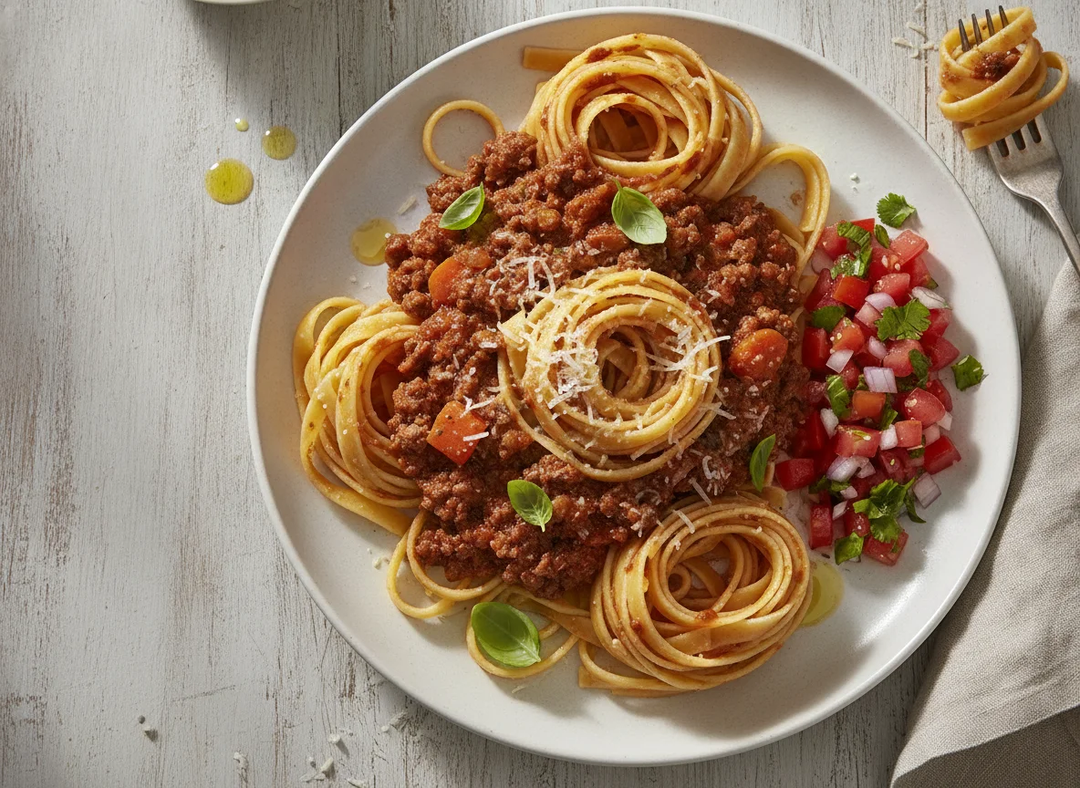 Tagliatelle with Bolognese Sauce and Tomato Salsa photo