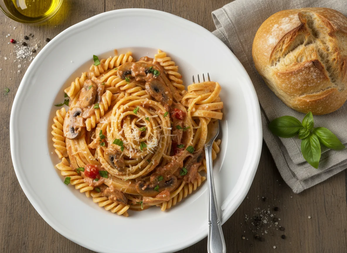 Tagliatelle with creamy tomato and mushroom sauce, with bread on the side photo