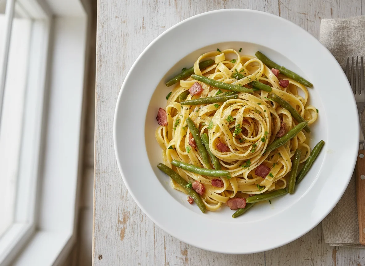 Tagliatelle with Green Beans and Bacon photo