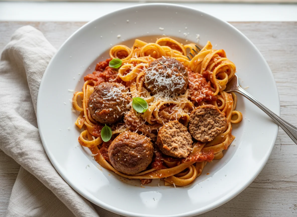 Tagliatelle with Meatballs and Tomato Sauce photo