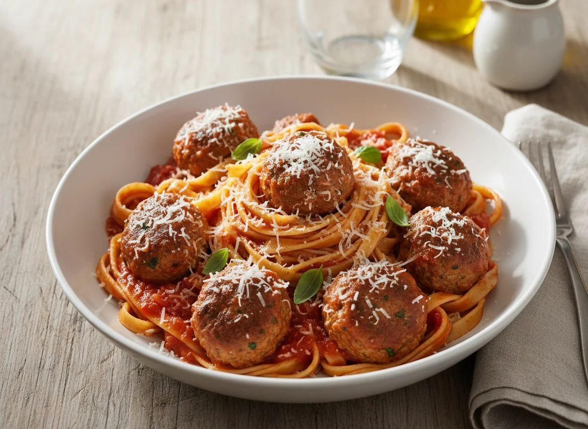 Tagliatelle with Meatballs in Tomato Sauce and Parmesan photo