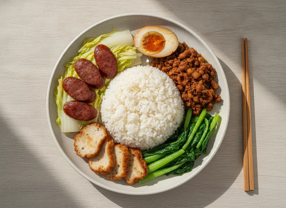 Taiwanese Bento Bowl with Braised Pork and Sausage photo