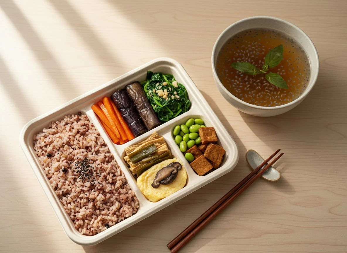 Taiwanese Bento Box with Mixed Grains Rice photo