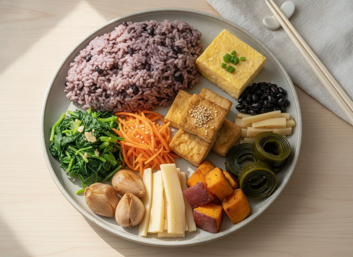 Taiwanese Bento with Purple Rice and Assorted Sides photo