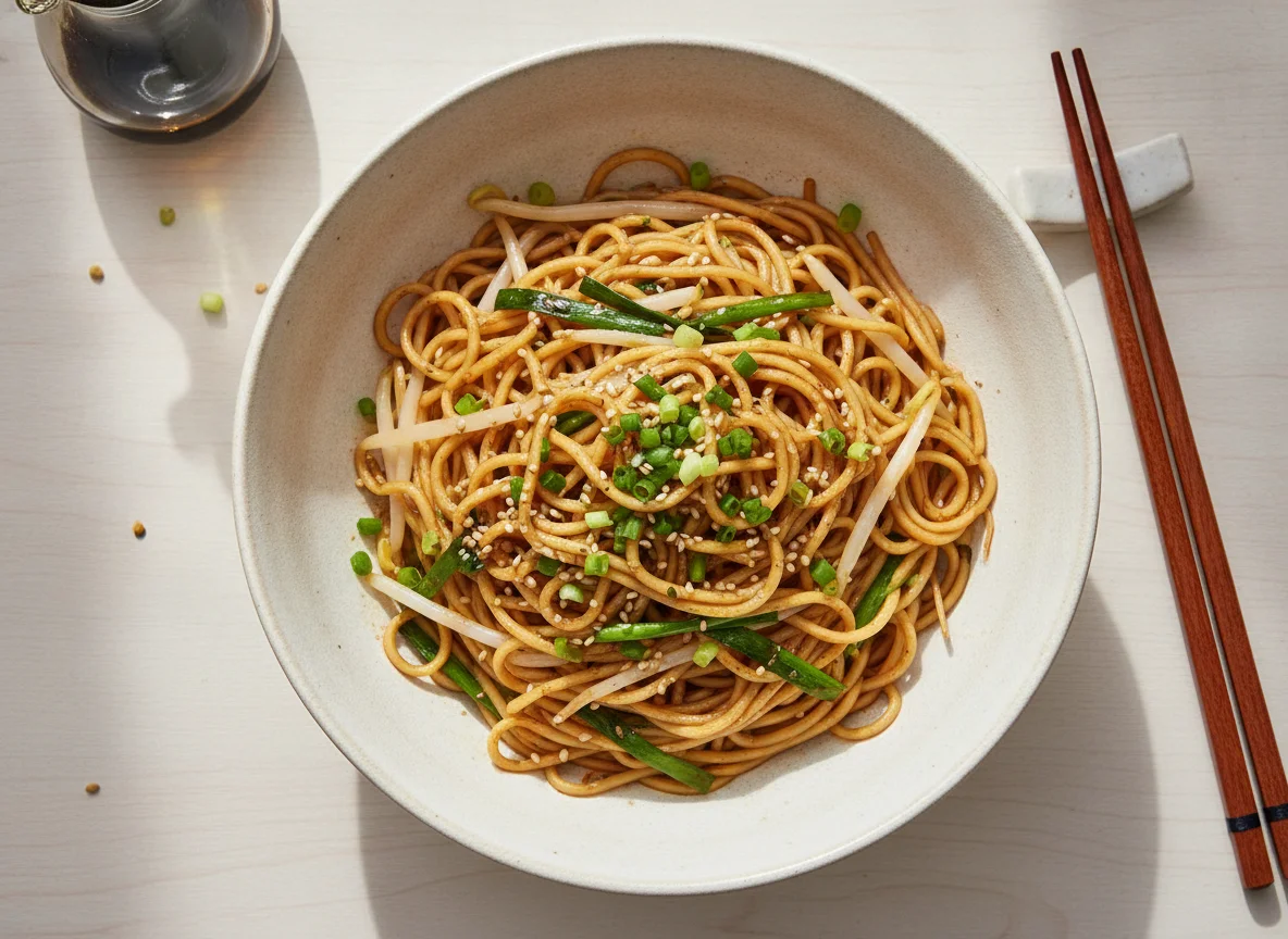 Taiwanese Dry Noodles with Bean Sprouts and Chives photo