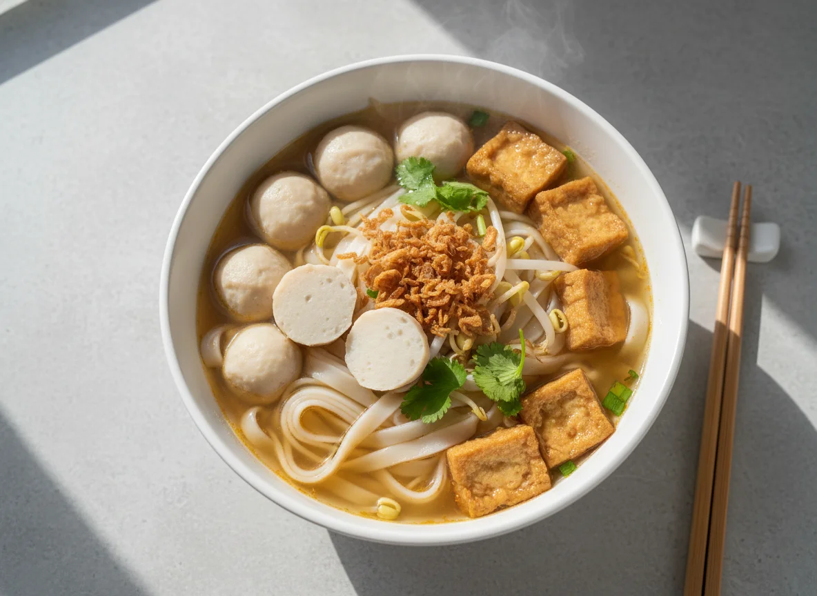 Taiwanese Noodle Soup with Fish Balls and Tofu photo