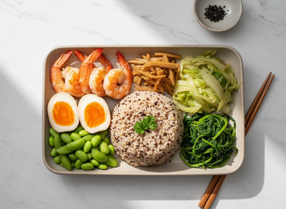 Taiwanese Style Bento with Shrimp and Mixed Grains photo