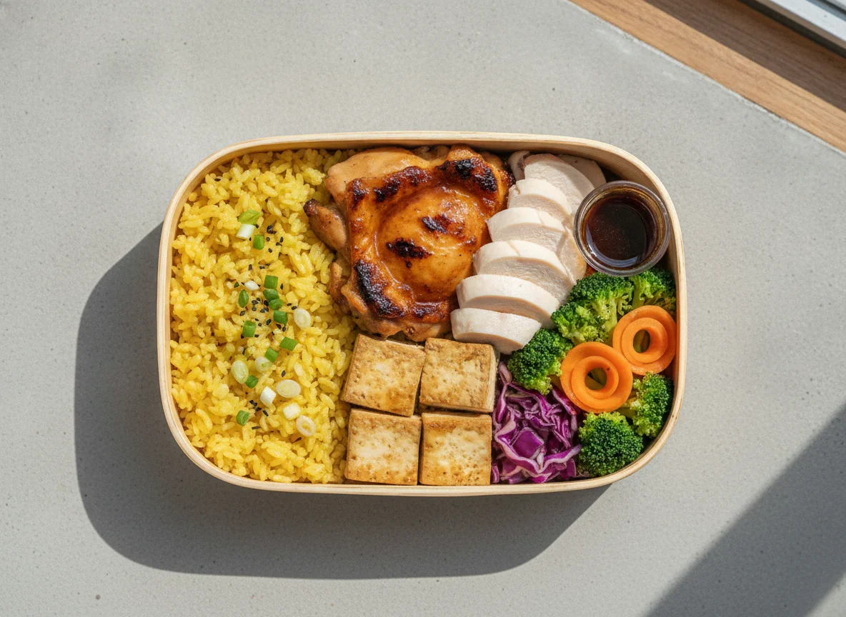 Taiwanese Style Turmeric Rice Bento with Chicken and Tofu photo