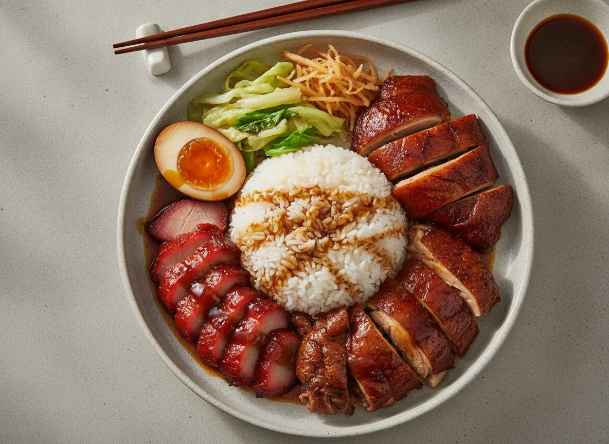 Taiwanese Three-Meat Bento with Rice and Sides photo