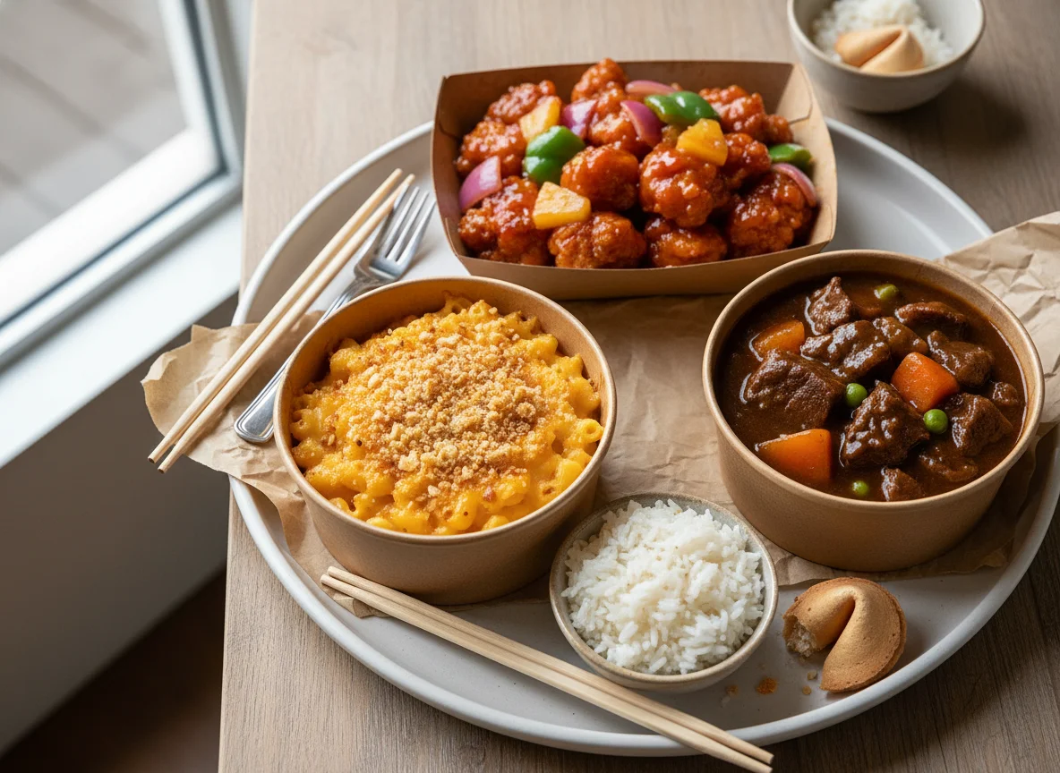 Takeaway Meal with Mac and Cheese, Sweet and Sour Chicken, and Beef Stew photo