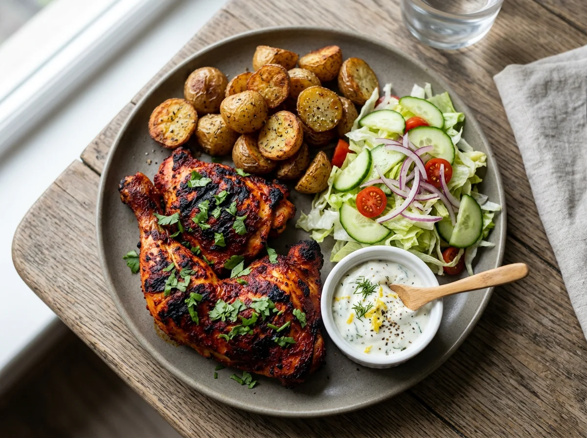 Tandoori Chicken with Roasted Potatoes and Salad photo