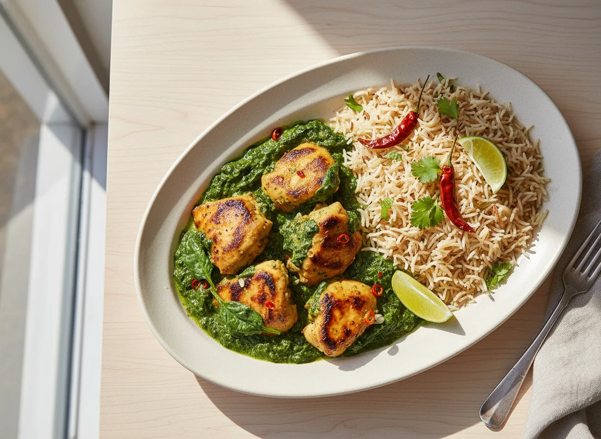 Tandoori Spinach Chicken with Cumin Infused Pilaf photo
