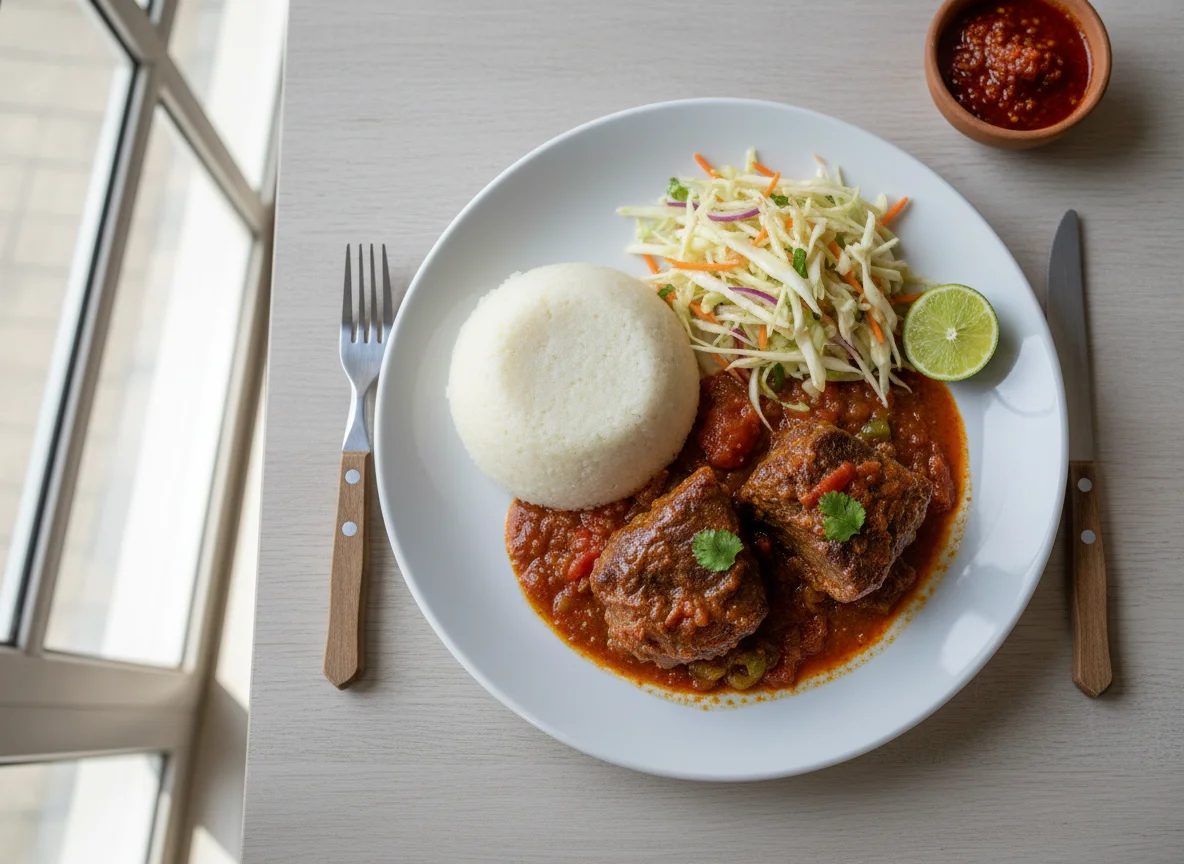 Tanzanian Meal with Ugali, Beef Stew, and Cabbage Salad photo