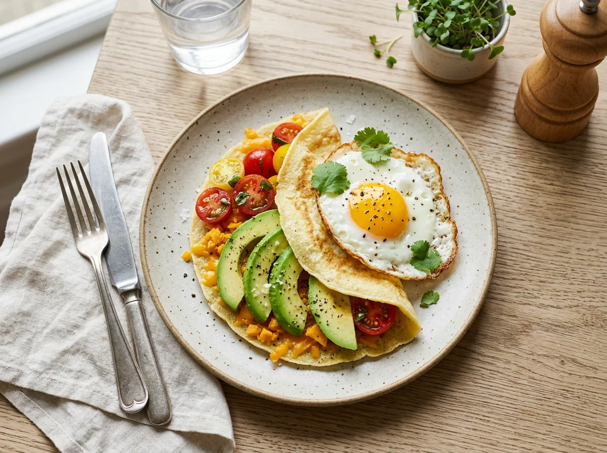 Tapioca with Avocado, Cheese, Tomato, and Fried Egg photo