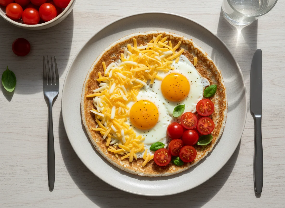 Tapioca with Fried Eggs, Cheese, and Cherry Tomatoes photo