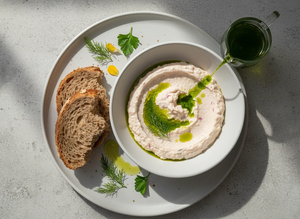 Taramosalata with bread and herb oil photo