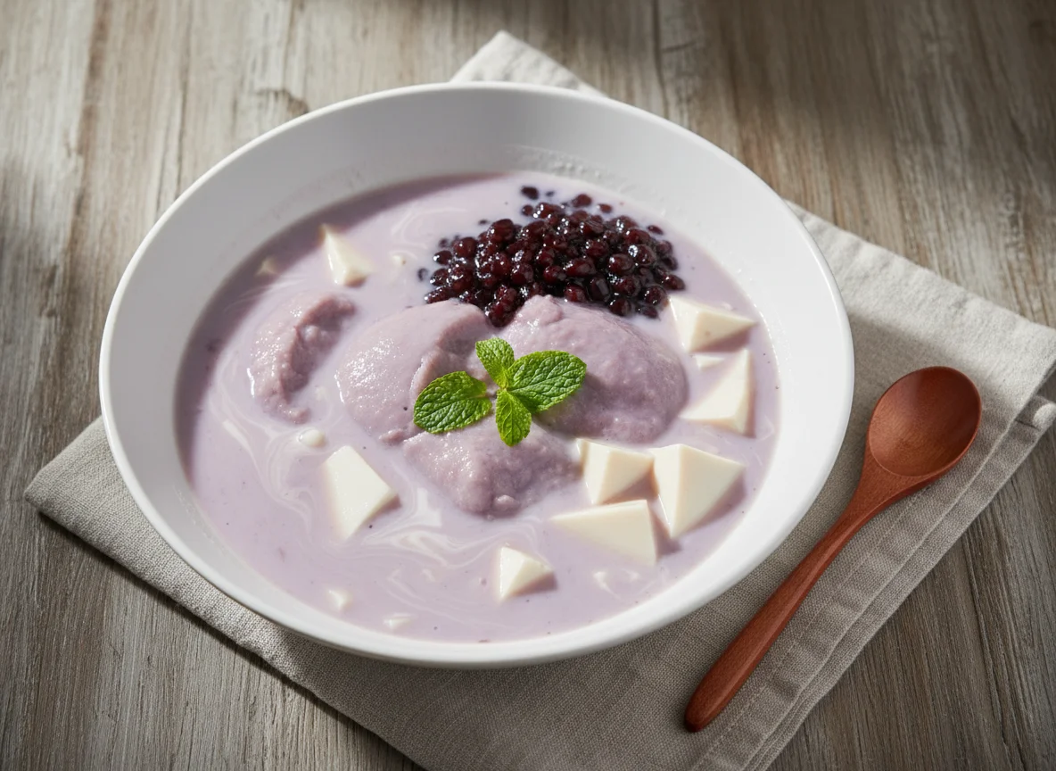 Taro Milk Dessert Soup with Black Rice and Tofu Pudding photo