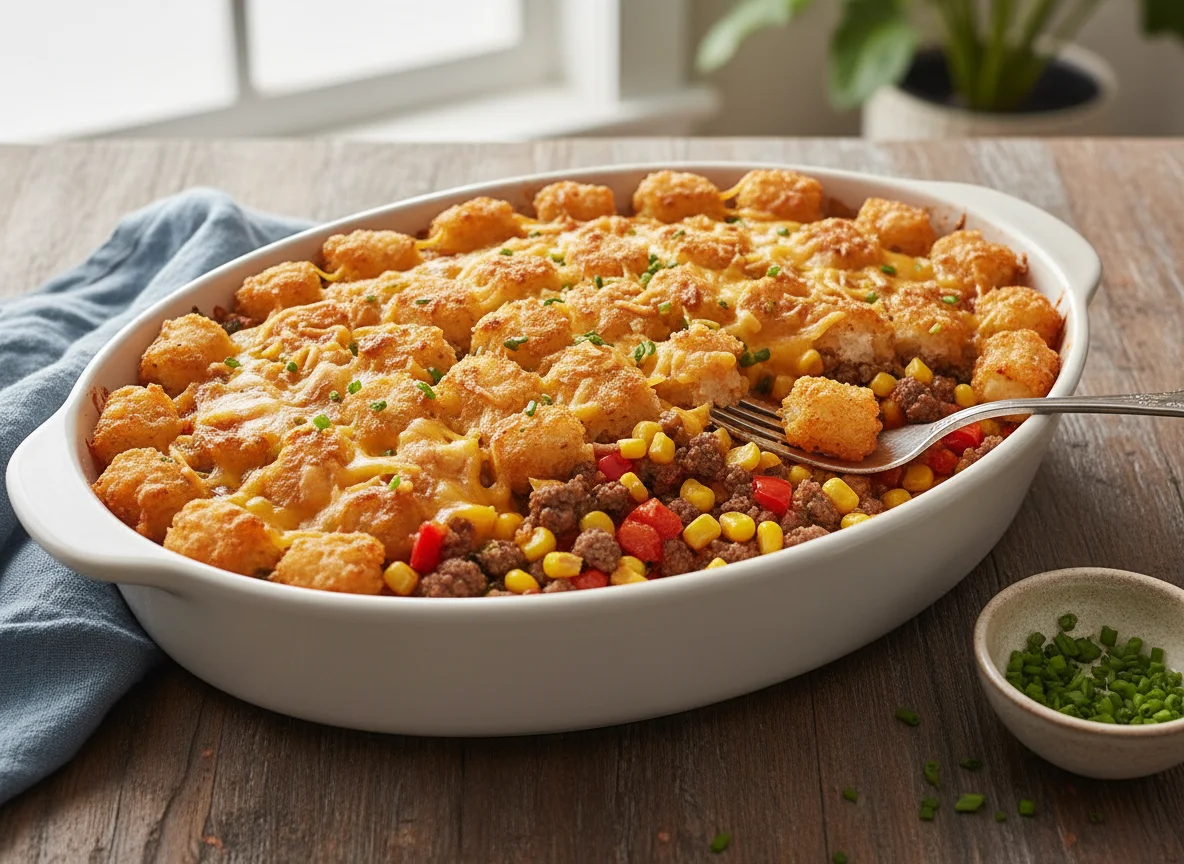 Tater Tot Casserole with Ground Beef and Corn photo