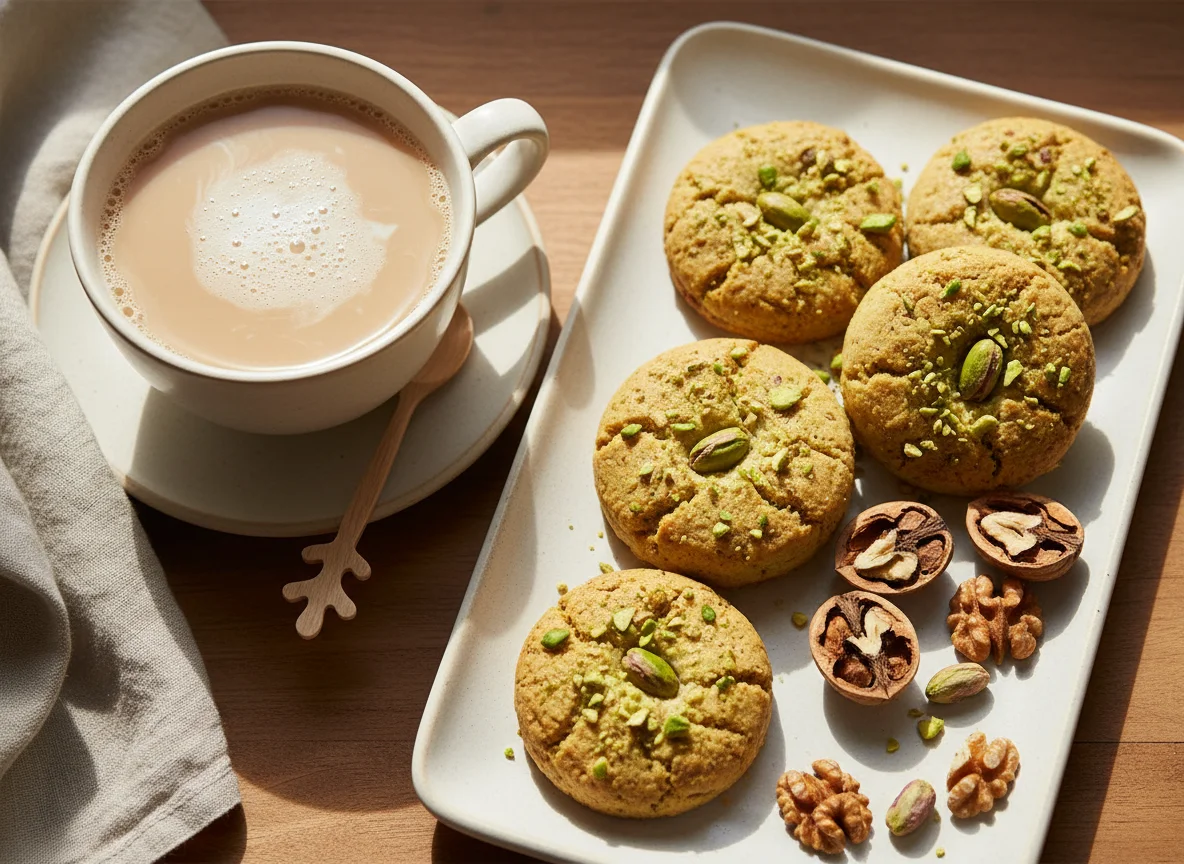 Tea, biscuit and walnuts photo