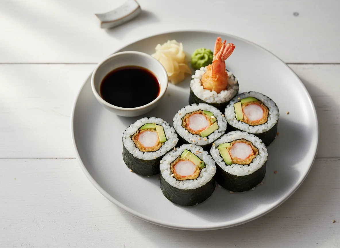 Tempura Prawn and Avocado Sushi photo