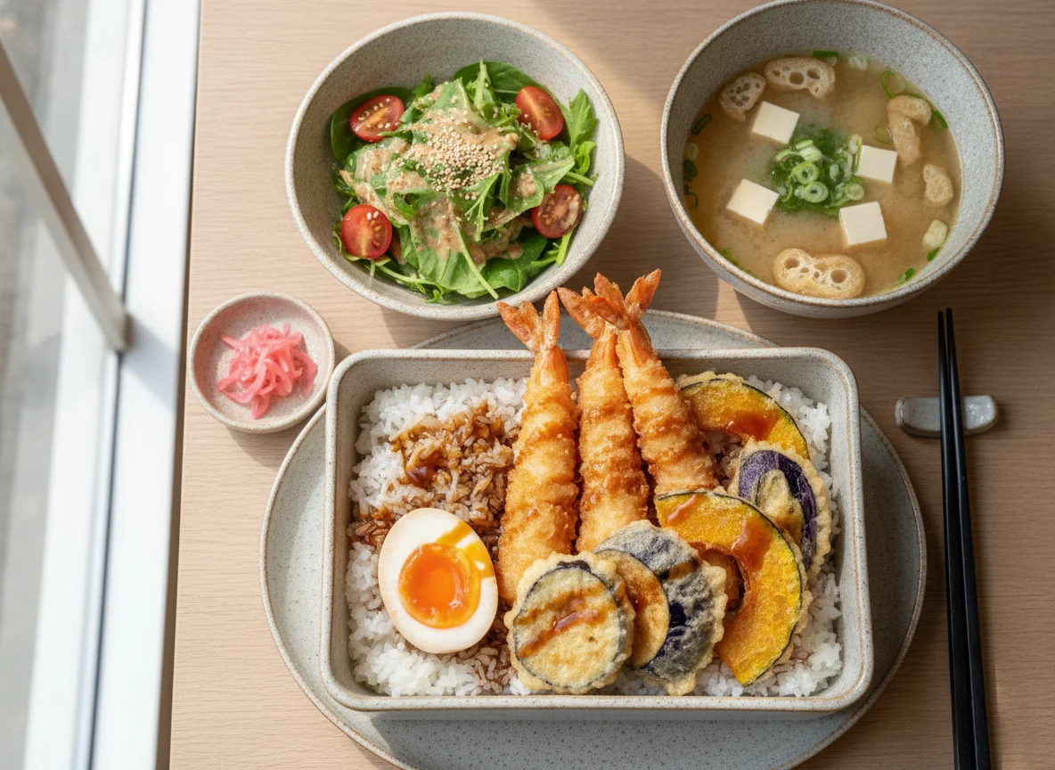Tendon Bento Set with Miso Soup and Salad photo