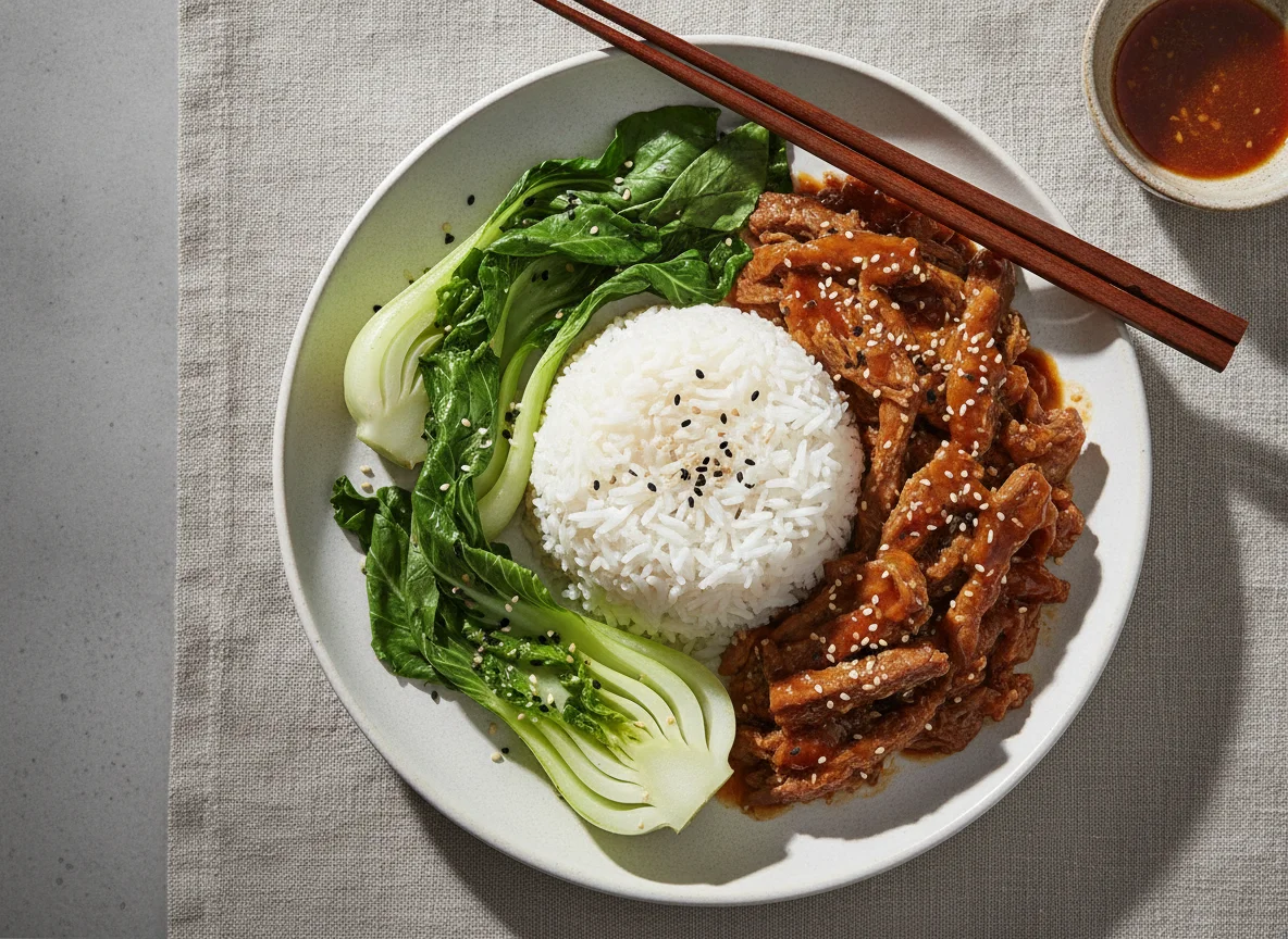 Teriyaki Beef with Rice and Pak Choi photo